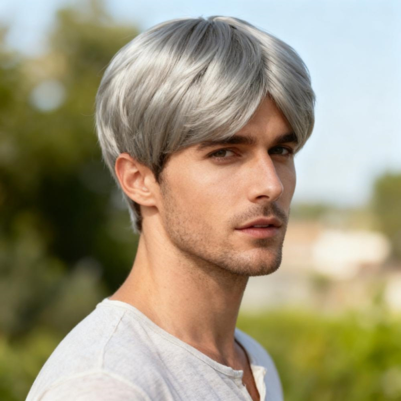 Perucă cosplay pentru bărbați: breton mediu, păr drept, fibre sintetice rezistente la temperaturi înalte, schimbare de look, model 200