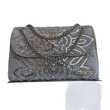 Geantă de umăr în stil Chanel, cu cristale, material PU, căptușeală din nylon, închidere cu capac, buzunar intern