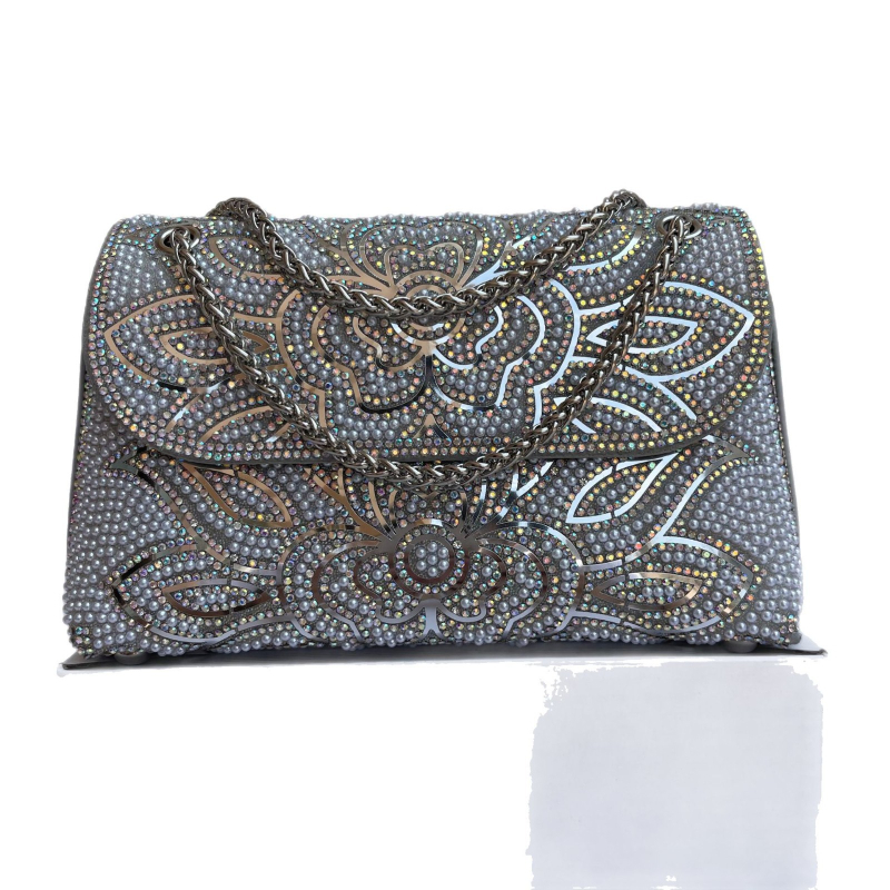 Geantă de umăr în stil Chanel, cu cristale, material PU, căptușeală din nylon, închidere cu capac, buzunar intern