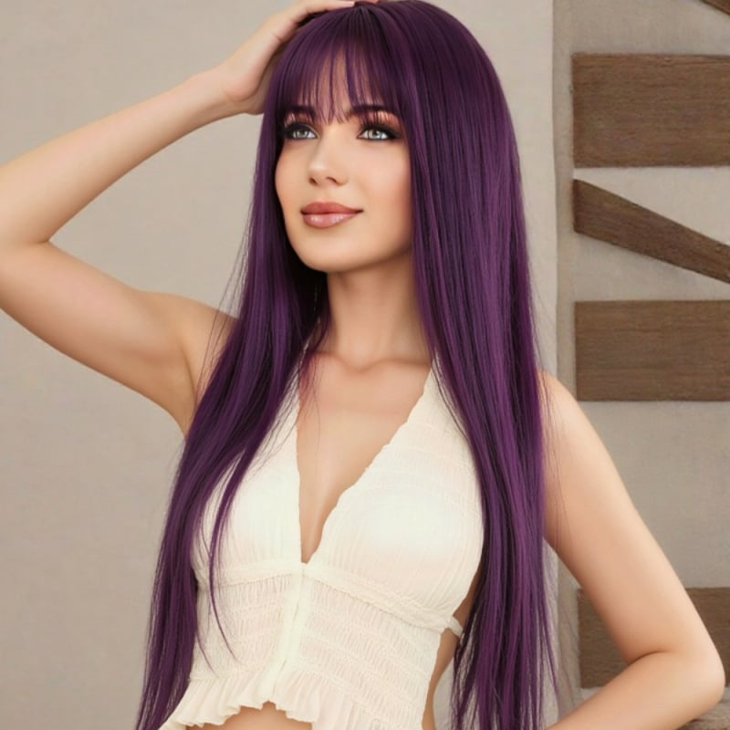 Perucă exotică, lungă și dreaptă, cu breton, din fibre rezistente la temperatură, fabricare mecanizată, model 003, pentru femei