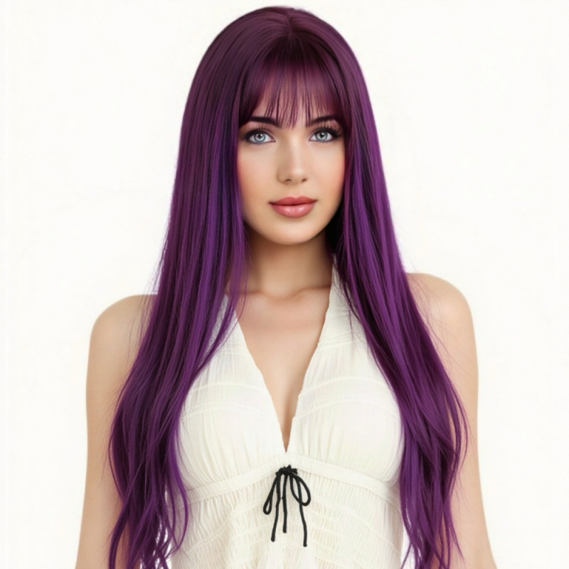 Perucă exotică, lungă și dreaptă, cu breton, din fibre rezistente la temperatură, fabricare mecanizată, model 003, pentru femei