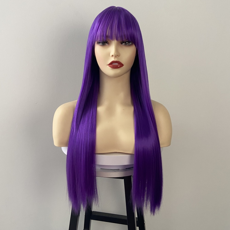 Perucă exotică, lungă și dreaptă, cu breton, din fibre rezistente la temperatură, fabricare mecanizată, model 003, pentru femei