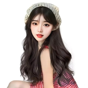 Hosszú, hullámos paróka U-alakú alap, hőálló szálból készült műszál, egy darabból álló kötött kapucnival, koreai stílus