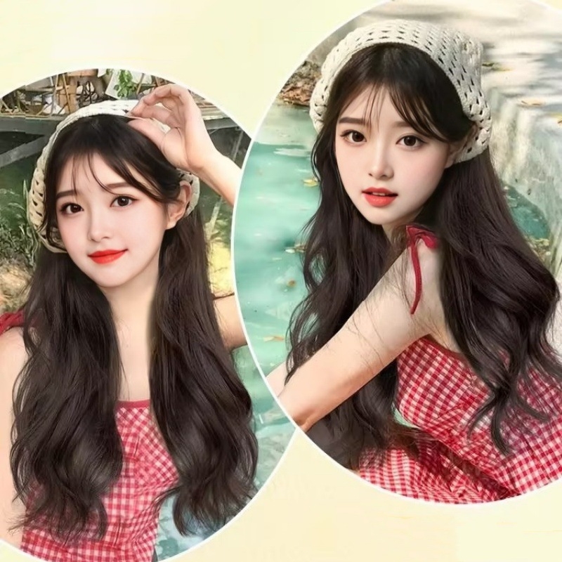 Hosszú, hullámos paróka U-alakú alap, hőálló szálból készült műszál, egy darabból álló kötött kapucnival, koreai stílus