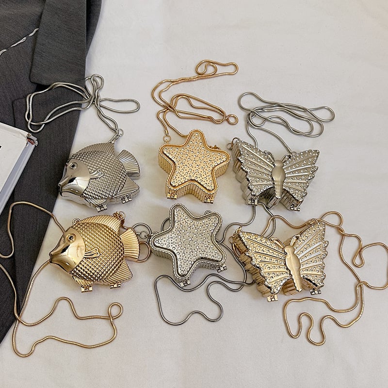 Metallist õhtukott kalamotiiviga, 3D kuju, konksu sulgemine, õla või crossbody kandmine, kevad 2025