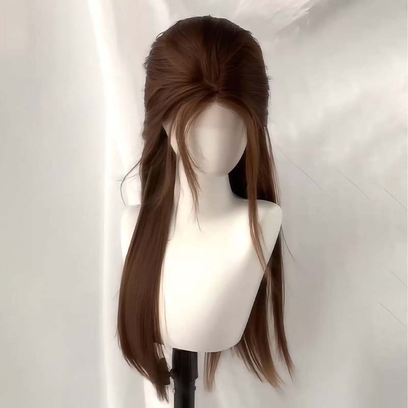 Перука за жени, дълга права коса, със среден раздел, дишаща, термоустойчива синтетична коса, капак с механизъм