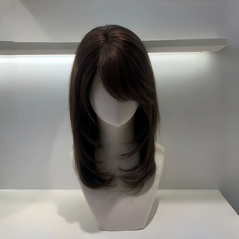 Parochňa pre ženy s úplným prekrytím hlavy, dlhé rovné vlasy so šikmými ofinami, tepelne odolné vlákna, mechanické spracovanie