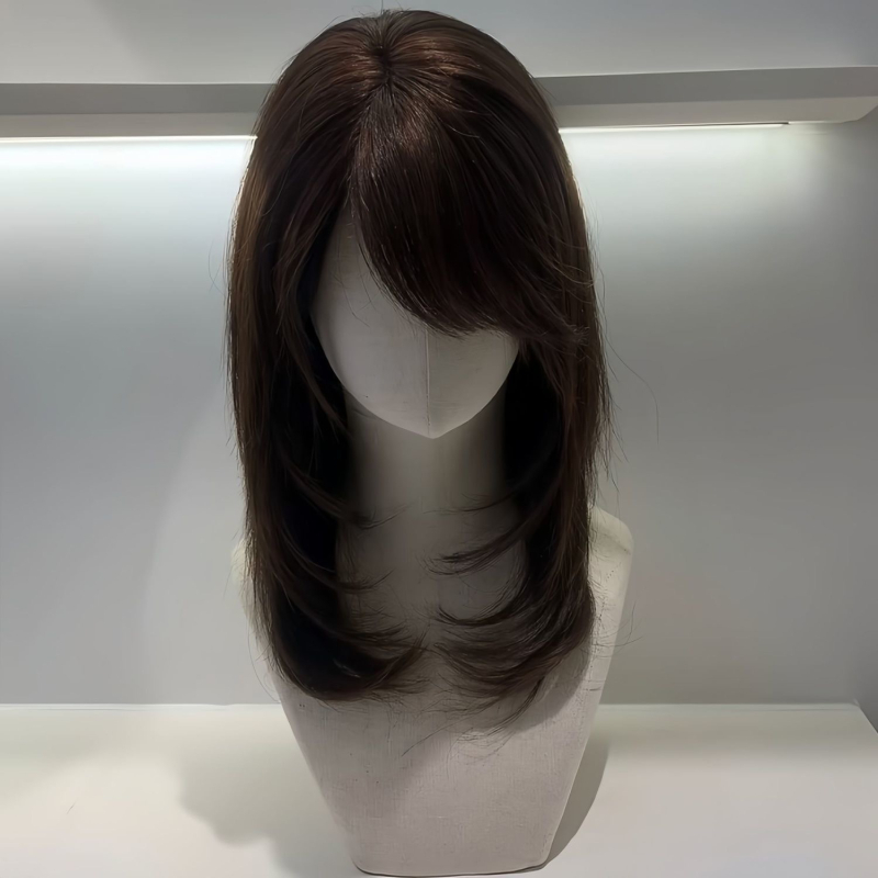 Parochňa pre ženy s úplným prekrytím hlavy, dlhé rovné vlasy so šikmými ofinami, tepelne odolné vlákna, mechanické spracovanie