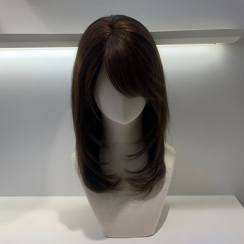 Parochňa pre ženy s úplným prekrytím hlavy, dlhé rovné vlasy so šikmými ofinami, tepelne odolné vlákna, mechanické spracovanie