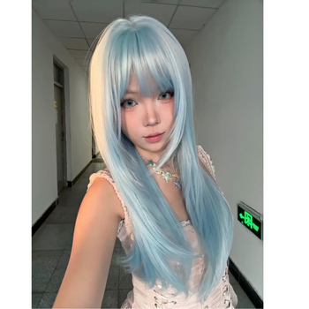 Дълга права перука с qi бретон, естествен стил, термоустойчиви влакна, покрива цялата глава