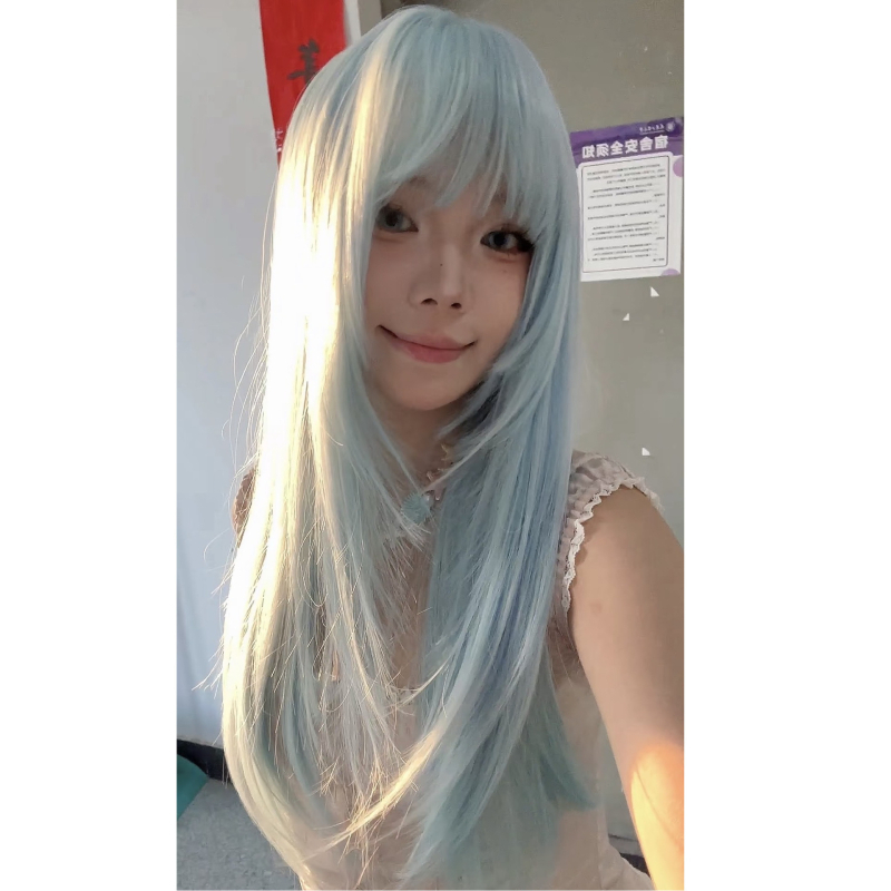 Дълга права перука с qi бретон, естествен стил, термоустойчиви влакна, покрива цялата глава