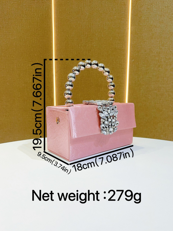 Kvadratna večernja torbica sa kristalima i satenskim završetkom – poliester, magnetsko zatvaranje, unutarnji džepovi za telefon i osobnu iskaznicu