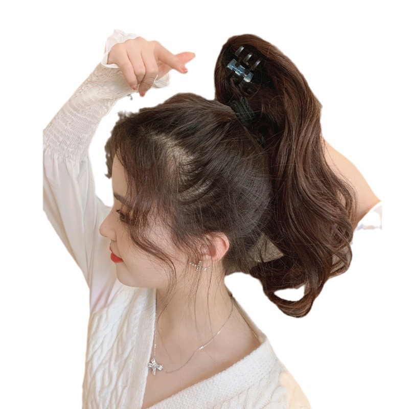 Перука с клип за опашка, външно завита във корейски стил с микро къдрици, модерен и подмладяващ вид; Материал на косата: термоустойчиви влакна; Стил на опашката: коса в пакет; Модел: Grab clip eversion; Обработка: механизъм