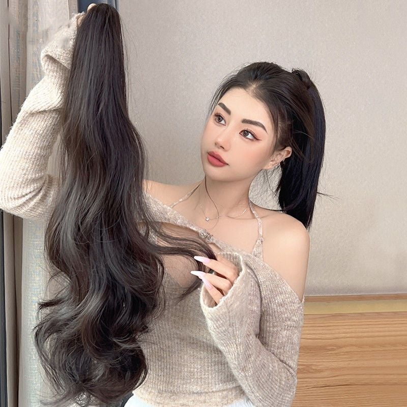 Перука с клипс за опашка Big Wave за жени - дълга къдрава коса, високотемпературна коприна, машинно изработване