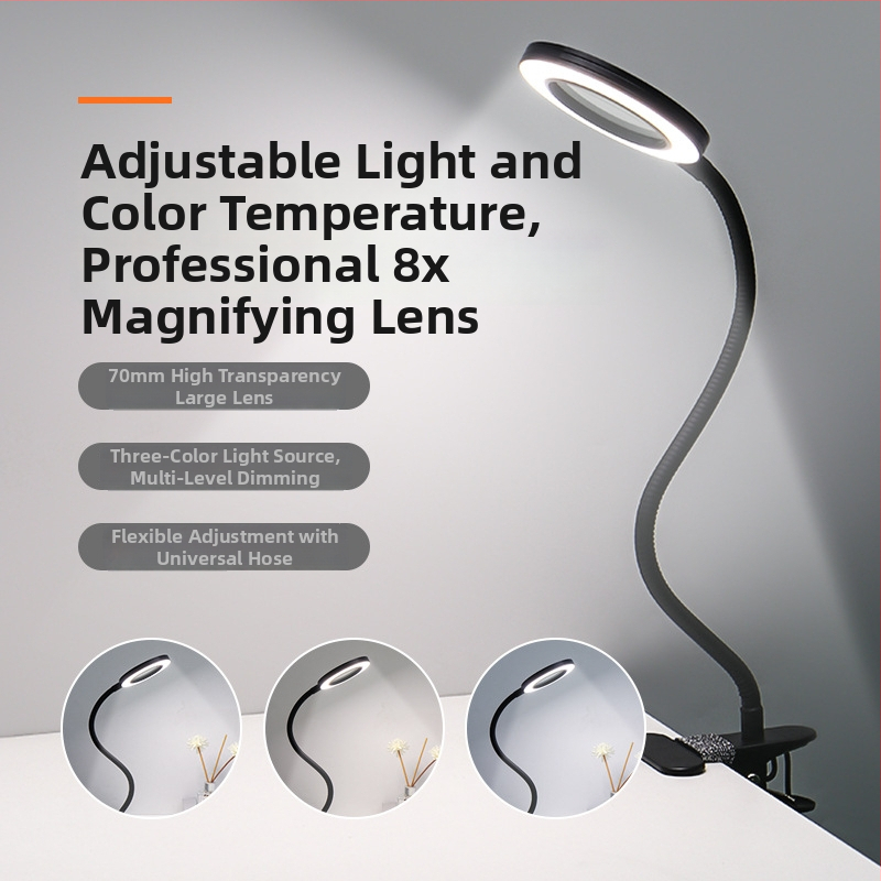 Be šešėlių LED grožio lempa su didinamuoju lęšiu – USB maitina stalo lemputė blakstienoms, nagams ir tatuiruotėms (Modelis SL825, metalo gaubtas, CRI ≥90)