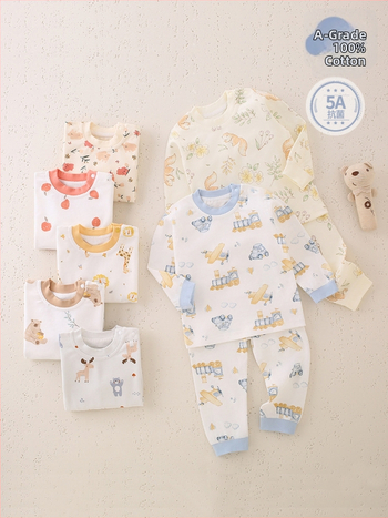 Laste 100% puuvillane pikkade kätega ööriietekomplekt, unisex, klassi A, antibakteriaalne, õmblusteta ümmarguse kaelusega