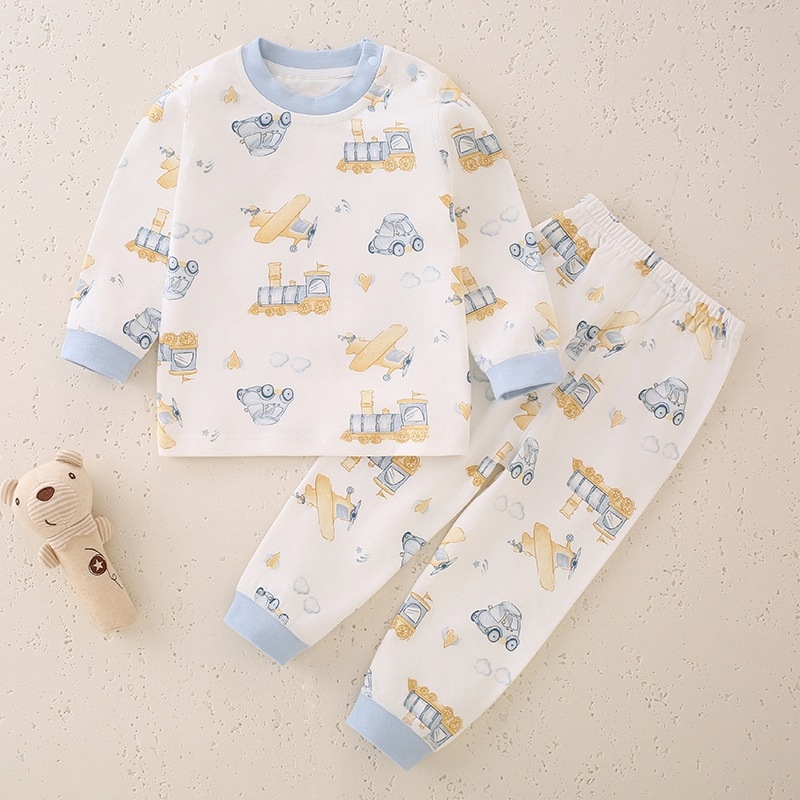 Laste 100% puuvillane pikkade kätega ööriietekomplekt, unisex, klassi A, antibakteriaalne, õmblusteta ümmarguse kaelusega