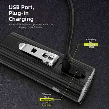 Priekinis dviračio žibintas — aliuminio lydinys, USB įkrovimas, IPX5 atsparumas vandeniui, penki šviesos režimai