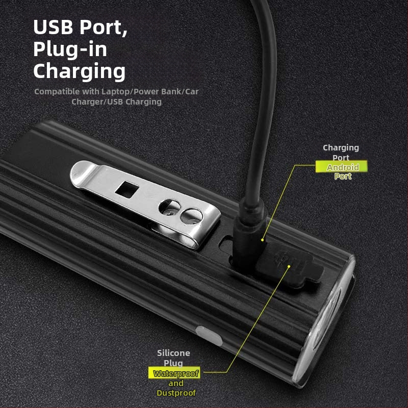 Priekinis dviračio žibintas — aliuminio lydinys, USB įkrovimas, IPX5 atsparumas vandeniui, penki šviesos režimai