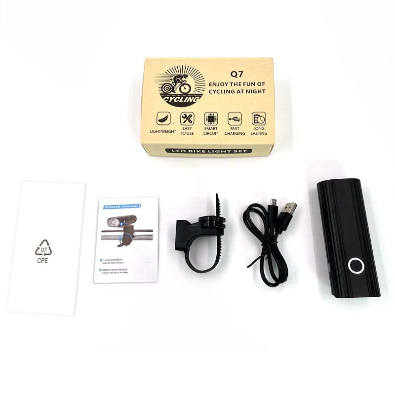 Priekinis dviračio žibintas — aliuminio lydinys, USB įkrovimas, IPX5 atsparumas vandeniui, penki šviesos režimai