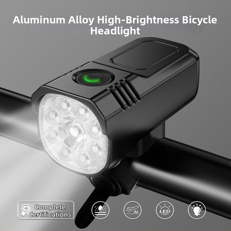 Алуминиев презареждаем фар за велосипед — предно осветление за нощно каране на пътни и планински велосипеди, висок лумен, дълъг живот, двуцветен режим