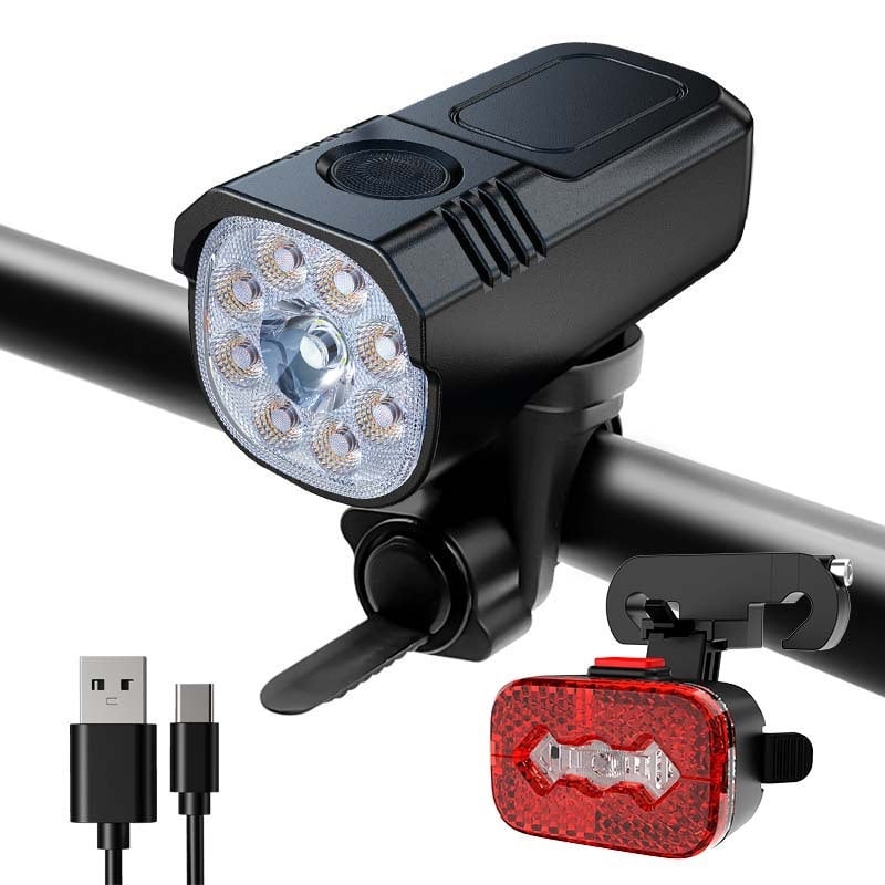 Алуминиев презареждаем фар за велосипед — предно осветление за нощно каране на пътни и планински велосипеди, висок лумен, дълъг живот, двуцветен режим