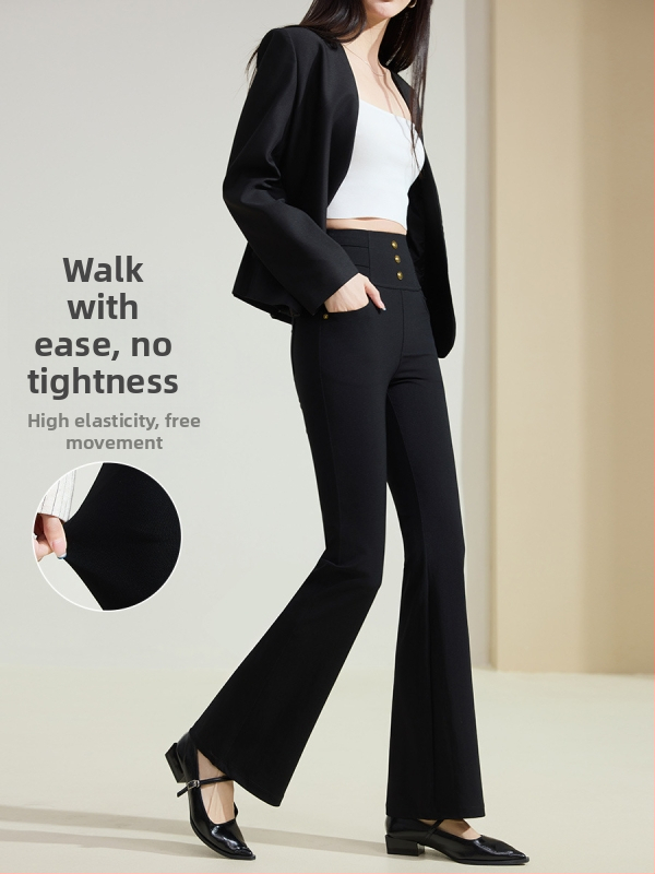 Aukštos juosmens Bootcut kasdieninės kelnės, nailonas-elastanas audinys, minimalistinis stilius, pavasaris 2025