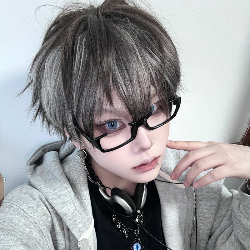 Perucă cosplay, păr masculin scurt, D-159, fibre rezistente la temperaturi înalte, breton în straturi, potrivire universală