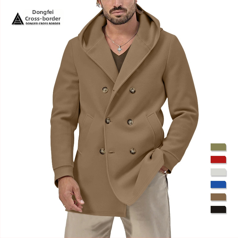 Pánske stredne dlhé dvojradový kabát s golierom, bavlno‑zmesový materiál (60% polyester) s podšívkou z polyesteru (60%)