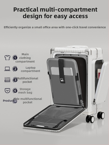 Triju nodalījumu priekšējā atvēruma koferis, PC materiāls, TSA kombinācijas slēdzene, universālie riteņi, svars 5 kg