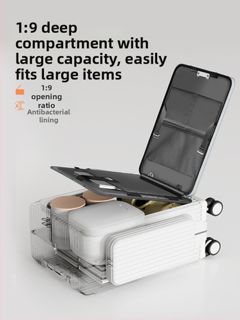 Triju nodalījumu priekšējā atvēruma koferis, PC materiāls, TSA kombinācijas slēdzene, universālie riteņi, svars 5 kg