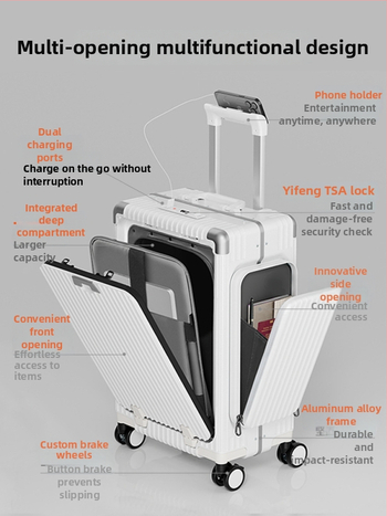 Triju nodalījumu priekšējā atvēruma koferis, PC materiāls, TSA kombinācijas slēdzene, universālie riteņi, svars 5 kg