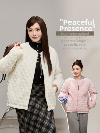 Korėjiečio stiliaus žieminis švarkas su apvaliu kaklu, kvilintu medvilnės įdaru, laisvas kirpimas