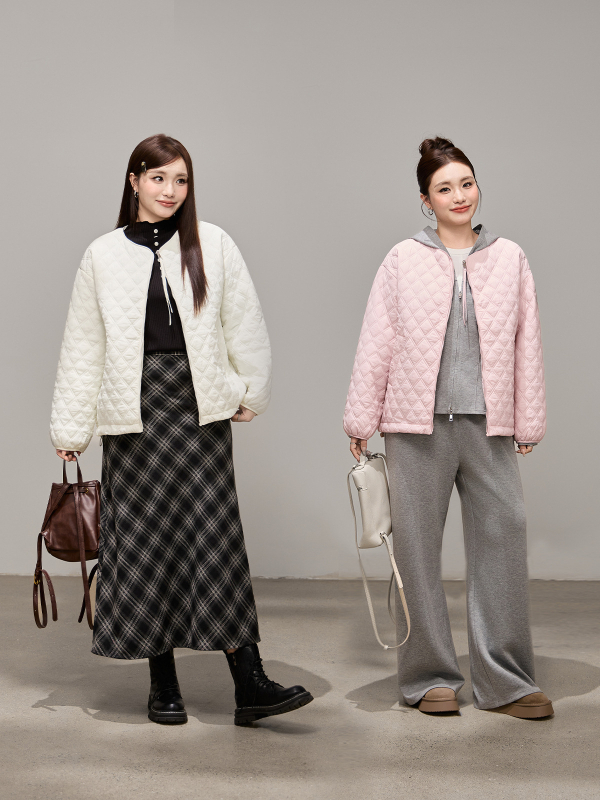 Μπουφάν χειμωνιάτικο σε στυλ Κορέας, με στρογγυλό λαιμό, quilted με γέμισμα από βαμβάκι, σε χαλαρή γραμμή