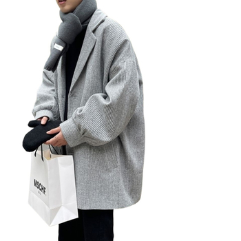 Pánsky vlnený kabát, hongkongský štýl, krátka dĺžka, jednopredné zapínanie, sakový golier, zajacie kožušiny