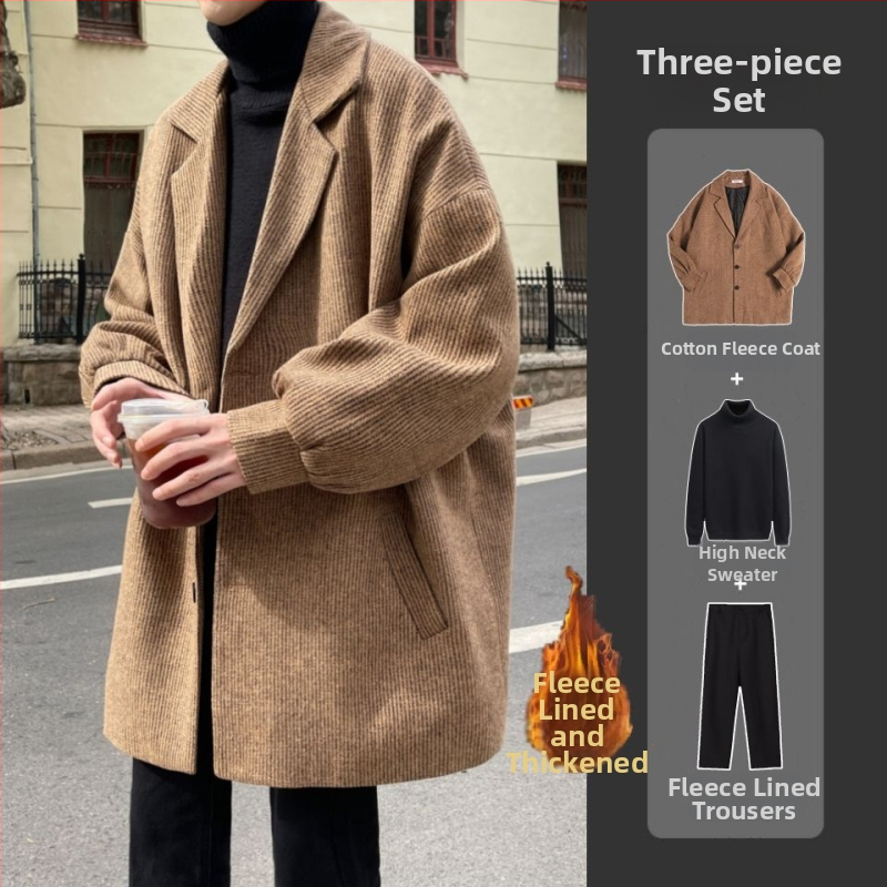 Pánsky vlnený kabát, hongkongský štýl, krátka dĺžka, jednopredné zapínanie, sakový golier, zajacie kožušiny