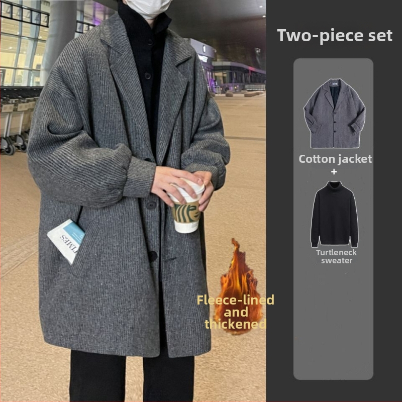 Pánsky vlnený kabát, hongkongský štýl, krátka dĺžka, jednopredné zapínanie, sakový golier, zajacie kožušiny