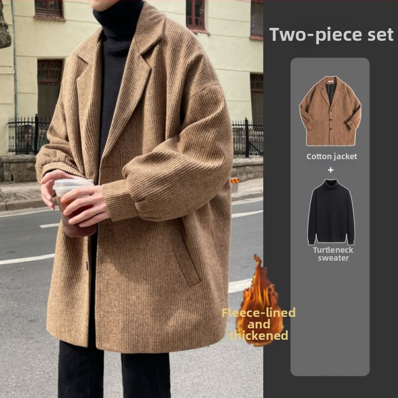 Pánsky vlnený kabát, hongkongský štýl, krátka dĺžka, jednopredné zapínanie, sakový golier, zajacie kožušiny