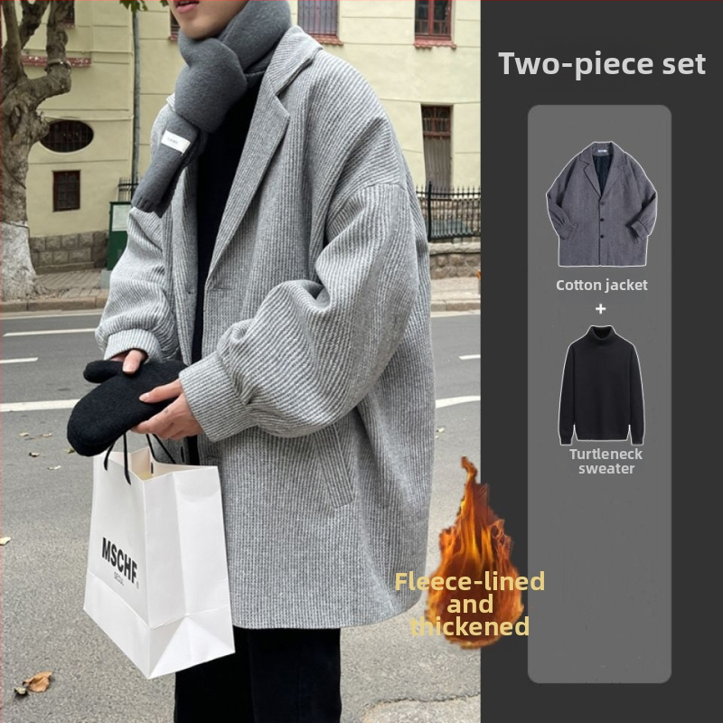 Pánsky vlnený kabát, hongkongský štýl, krátka dĺžka, jednopredné zapínanie, sakový golier, zajacie kožušiny