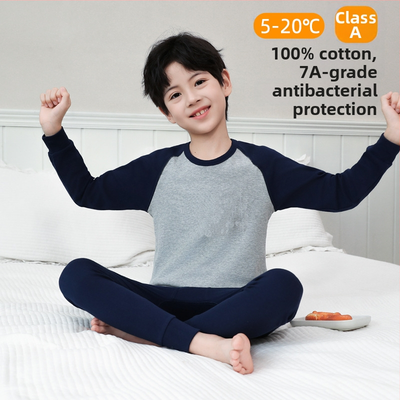 Laste 100% puuvillast termilise aluskomplekti – antibakteriaalne, ümmarguse kaelusega top ja püksid, vanus 3–8 aastat