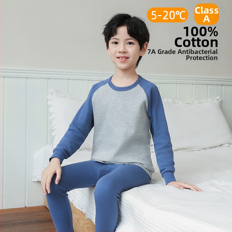 Laste 100% puuvillast termilise aluskomplekti – antibakteriaalne, ümmarguse kaelusega top ja püksid, vanus 3–8 aastat