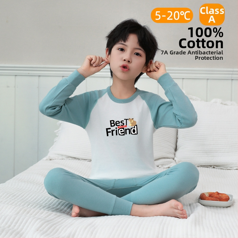 Laste 100% puuvillast termilise aluskomplekti – antibakteriaalne, ümmarguse kaelusega top ja püksid, vanus 3–8 aastat