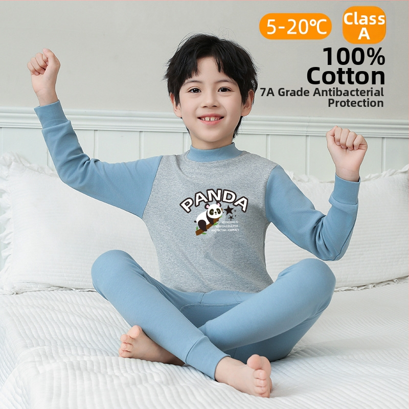 Laste 100% puuvillast termilise aluskomplekti – antibakteriaalne, ümmarguse kaelusega top ja püksid, vanus 3–8 aastat