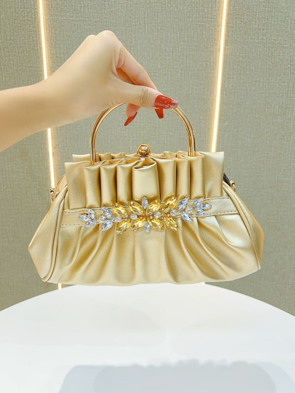 Geantă clutch din piele PU, stil dumpling, închidere cu lacăt, buzunar pentru telefon, căptușeală din poliester