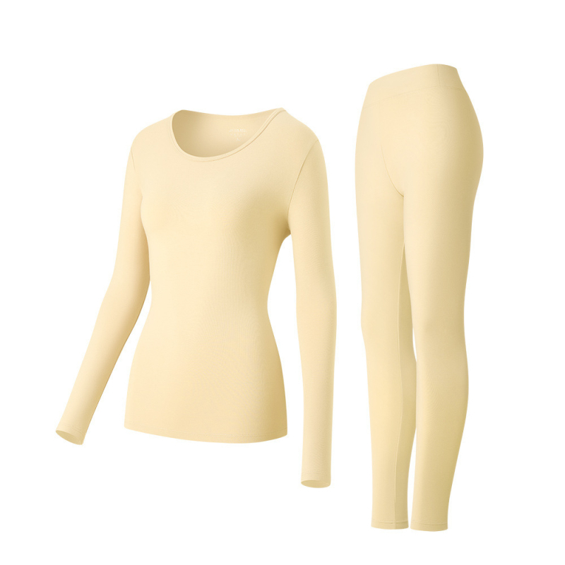 Moterų medvilninis terminis komplektas baziniam sluoksniui: ilgomis rankovėmis viršūnė ir kelnės su apvaliu kaklu, 181–200 g/m², 95–100% medvilnė, išlaiko šilumą