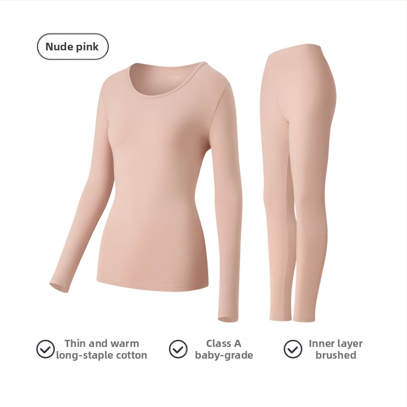 Moterų medvilninis terminis komplektas baziniam sluoksniui: ilgomis rankovėmis viršūnė ir kelnės su apvaliu kaklu, 181–200 g/m², 95–100% medvilnė, išlaiko šilumą