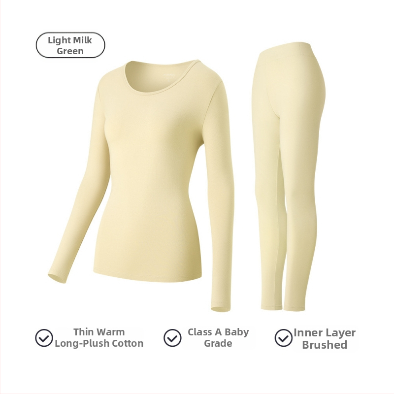 Moterų medvilninis terminis komplektas baziniam sluoksniui: ilgomis rankovėmis viršūnė ir kelnės su apvaliu kaklu, 181–200 g/m², 95–100% medvilnė, išlaiko šilumą