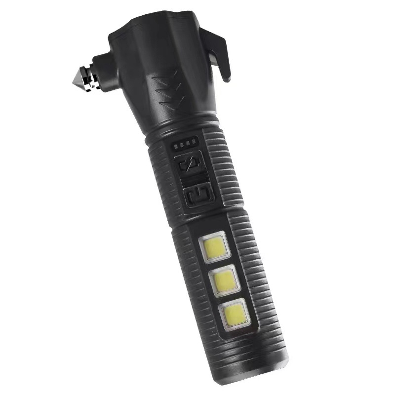 TANJE viacúčelové záchranné kladivo s rozbíjačom skla, COB svetlo + 3W LED, nabíjiteľná pracovná lampa a núdzové svetlo, 360° otáčanie, 800 mAh batéria, dosah 200–500 m