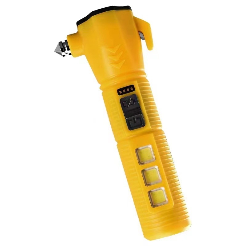 TANJE viacúčelové záchranné kladivo s rozbíjačom skla, COB svetlo + 3W LED, nabíjiteľná pracovná lampa a núdzové svetlo, 360° otáčanie, 800 mAh batéria, dosah 200–500 m