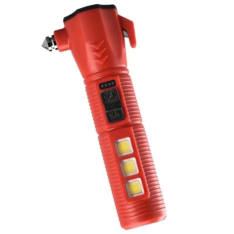 TANJE viacúčelové záchranné kladivo s rozbíjačom skla, COB svetlo + 3W LED, nabíjiteľná pracovná lampa a núdzové svetlo, 360° otáčanie, 800 mAh batéria, dosah 200–500 m